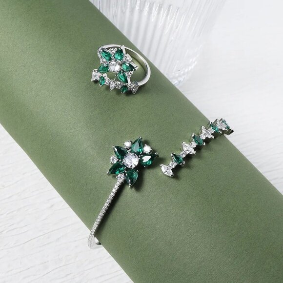 Rhodium-plated lab-created Gemstone Floral Bangle Bracelet - Picture 8 of 9